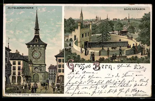 Lithographie Bern, Zeitglockenthurm und Bärengraben