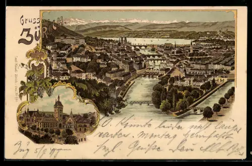 Lithographie Zürich, Ortsansicht mit Brücken