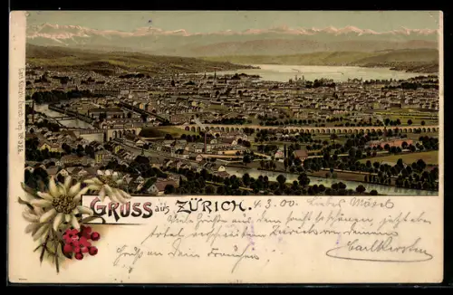 Lithographie Zürich, Panorama des Ortes mit Bahnviadukt