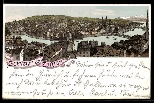Lithographie Zurich, Ortsansicht mit Brücken