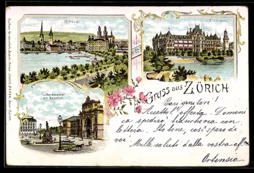 Lithographie Zürich, Utoquai, Alpenquai, Escherdenkmal am Bahnhof