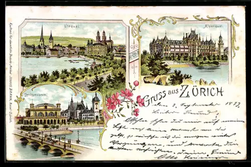 Lithographie Zürich, Utoquai und Alpenquai, Landesmuseum mit Brücke