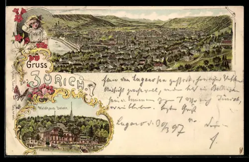 Lithographie Zürich, Gesamtansicht und Waldhaus Dolder