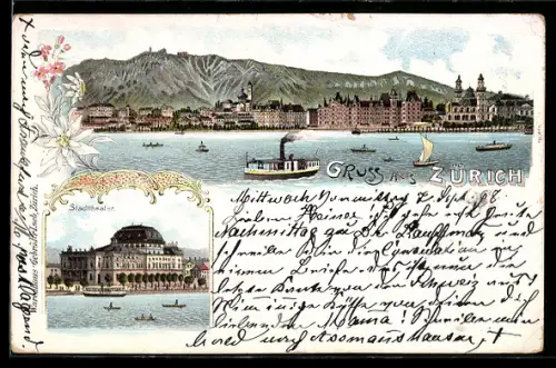 Lithographie Zürich, Seepanorama mit Schiffen, Stadttheater