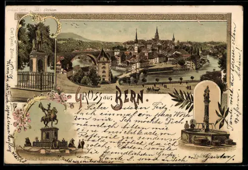 Lithographie Bern, Ortsansicht, Denkmal Rudolf v. Erlach, Denkmale Berchthold v. Zähringen