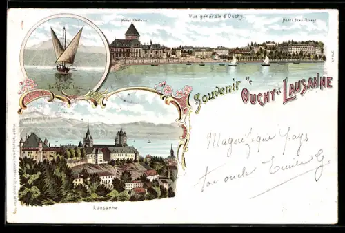 Lithographie Lausanne, Vue générale d`Ouchy, Hotel Chateau