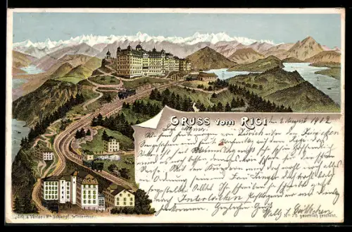 Lithographie Rigi, Panorama mit Hotel und Zahnradbahn