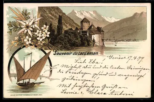Lithographie Lac Leman, Château au bord du lac et voilier