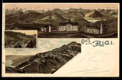Lithographie Rigi, Panorama mit Hotels, Spiez, Klösterli