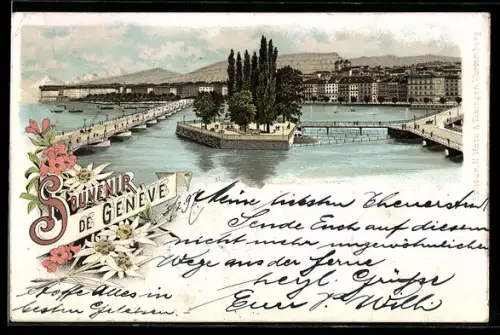 Lithographie Genève, Lac et ponts, île arborée