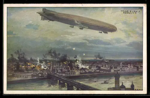 Künstler-AK Hans Rudolf Schulze: Luftschiff Schütte-Lanz Warschau bombardierend, Zeppelin