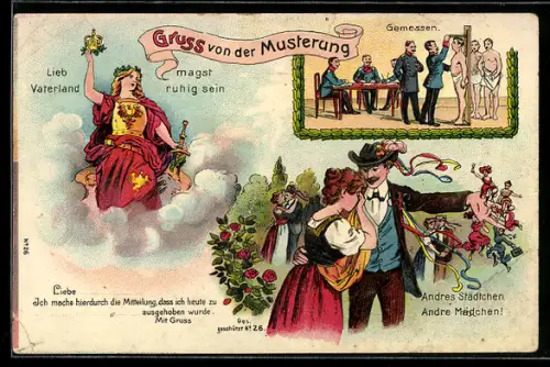 AK Gruss von der Musterung, Lieb Vaterland magst ruhig sein, Germania mit Schwert und Krone, Messung, Tanz