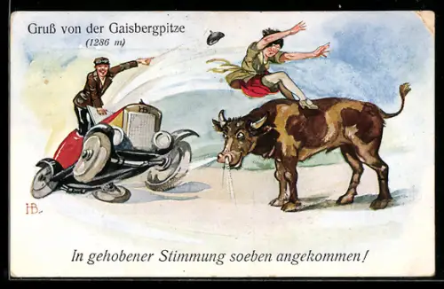 Künstler-AK Hans Boettcher: Gaisbergspitze, In gehobener Stimmung soeben angekommen!, Karikatur