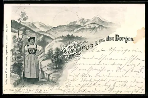 Lithographie Gruss aus den Bergen, Alpländerin in Tracht