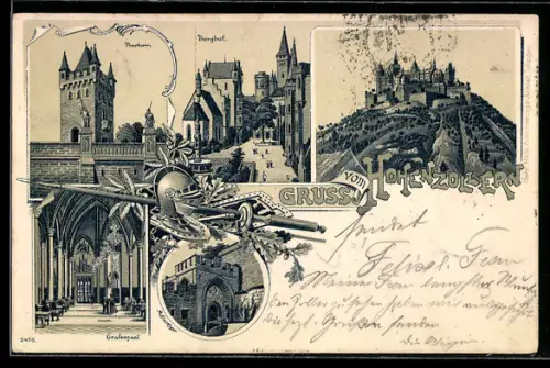 Lithographie Hohenzollern, Burg, Thorthurm, Adlerthor, Grafensaal