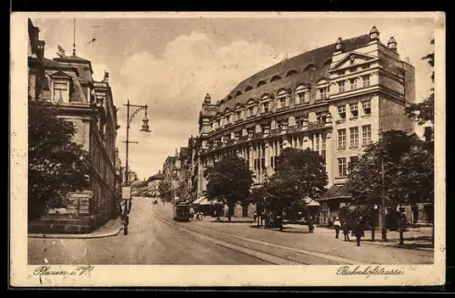 AK Plauen i. V., Bahnhofstrasse mit Strassenbahn