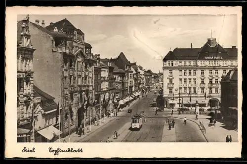 AK Kiel, Sophienblatt mit Hansa Hotel, Strassenbahn, Litfasssäule