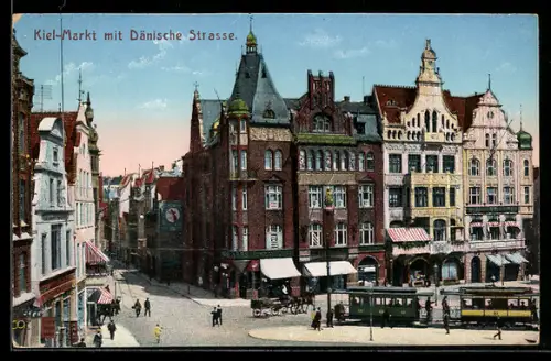 AK Kiel, Markt & dänische Strasse mit Geschäften und Strassenbahn