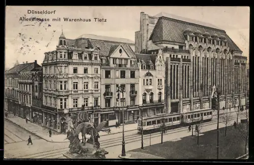 AK Düsseldorf, Alleestrasse mit Warenhaus Tietz & Strassenbahn
