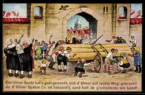 Künstler-AK Ulm, Stadttypische historische Szene Der Ulmer Spatz