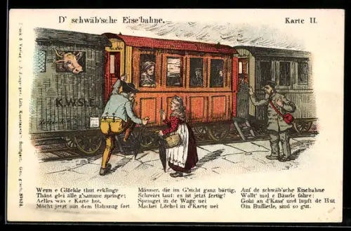AK schwäb`sche Eisenbahn mit Passagieren in schwäbischer Tracht
