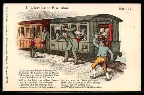 Lithographie Schwäbische Eisenbahn, Bauer schwingt wütend den Ziegenkopf
