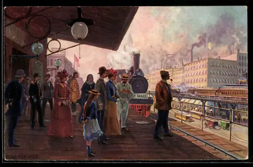 Künstler-AK Alexander Kircher: New York, Elevated Railroads, Bowery Station, Bahnhof