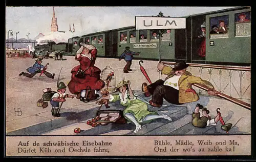 Künstler-AK Hans Boettcher: Schwäbische Eisenbahnen, Ulm, Zusammenstoss auf dem Bahnsteig
