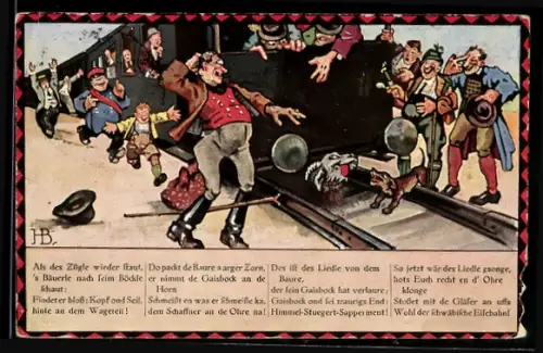 Künstler-AK Hans Boettcher: Serie Nr. 200 Bild 4, Auf de schwäbische Eisenbahne, Liedstrophe, Menschen in der Eisenbahn