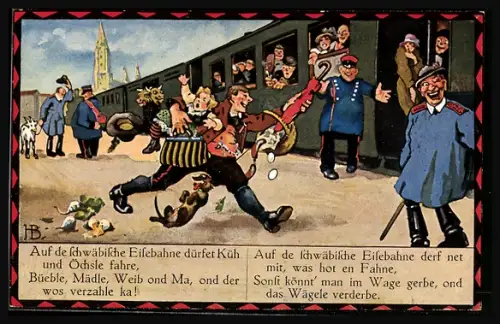 Künstler-AK Hans Boettcher: Auf de schwäbische Eisenbahne, Bild 2, Bauer eilt mit vollen Taschen zum Zug