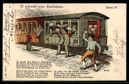 Lithographie Schwäbische Eisenbahn, Bauer schwingt wütend den Ziegenkopf
