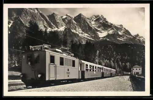 AK Elbsee, Bayerische Zugspitzbahn im Bahnhof, Zahnradzug