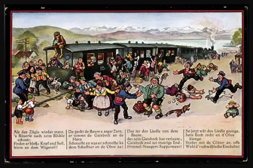 Künstler-AK Hans Boettcher: Auf de schwäbische Eisebahne, Fahrgäste finden den Ziegenkopf am Zugende