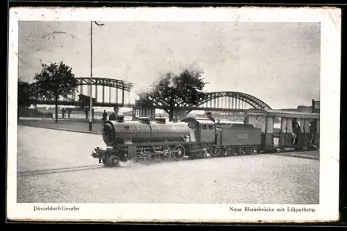 AK Düsseldorf, Gesolei, Neue Rheinbrücke mit Liliputbahn