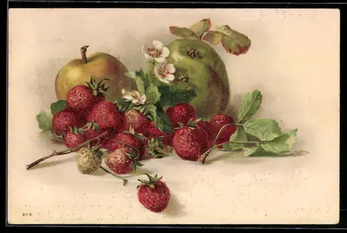 AK Stilleben mit Erdbeeren und Äpfeln