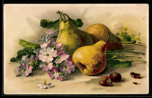 Künstler-AK Catharina Klein: Birnen mit Blumen und Nüssen