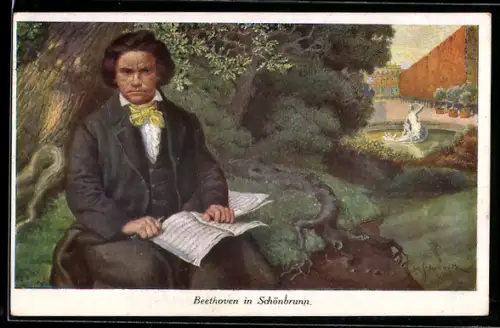 Künstler-AK H. Schubert: Beethoven komponiert in Schönbrunn im Garten