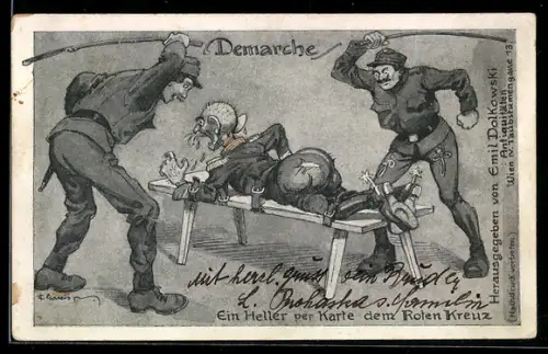 Künstler-AK F.Gareis: Demarch, Österreich peitscht, Dem Feind wird der Hintern versohlt