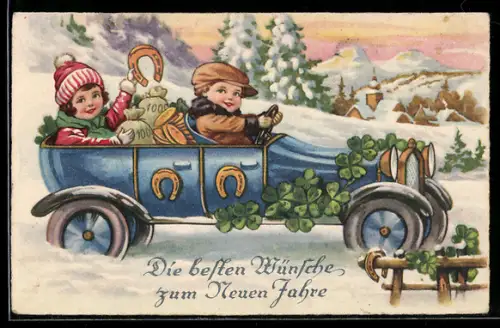 AK Zwei Kinder mit Glücksbringern im Auto, Neujahrskarte