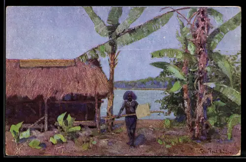 Künstler-AK sign. Peter Paul Müller: Papua, Einheimischer am Haus