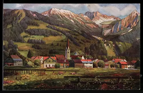 Künstler-AK Fischen, Kirchpartie mit Bergpanorama