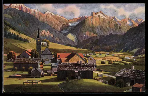 Künstler-AK V.Marschall: Hindelang, Ortspartie in den Bergen