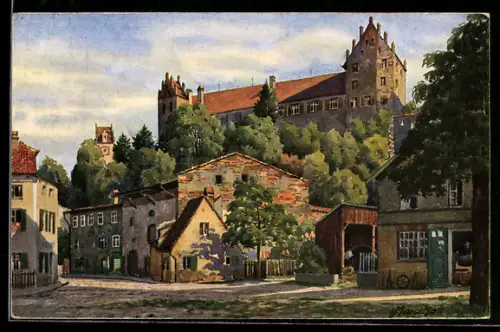 Künstler-AK Vinzenz Marschall: Füssen im bayer. Allgäu, An der Stadtmauer mit Schloss