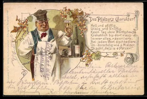 AK Pfälzer mit Weinglas neben Weinflaschen und Weinreben