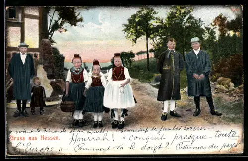 AK Männer und Mädchen in hessischer Tracht