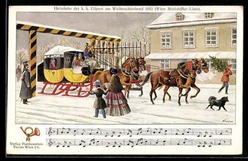 Künstler-AK Wien. Heimkehr der k. k. Eilpost am Weihnachtsabend 1852 (Mariahilfer Linie)