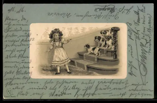 Lithographie Mädchen mit Hundewelpen