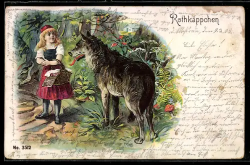 Lithographie Rothkäppchen und der böse Wolf