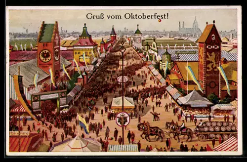 Künstler-AK München, Oktoberfest - Festgelände von oben
