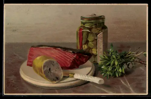 Künstler-AK M. Billing: Schinken & Leberwurst auf einem Brett